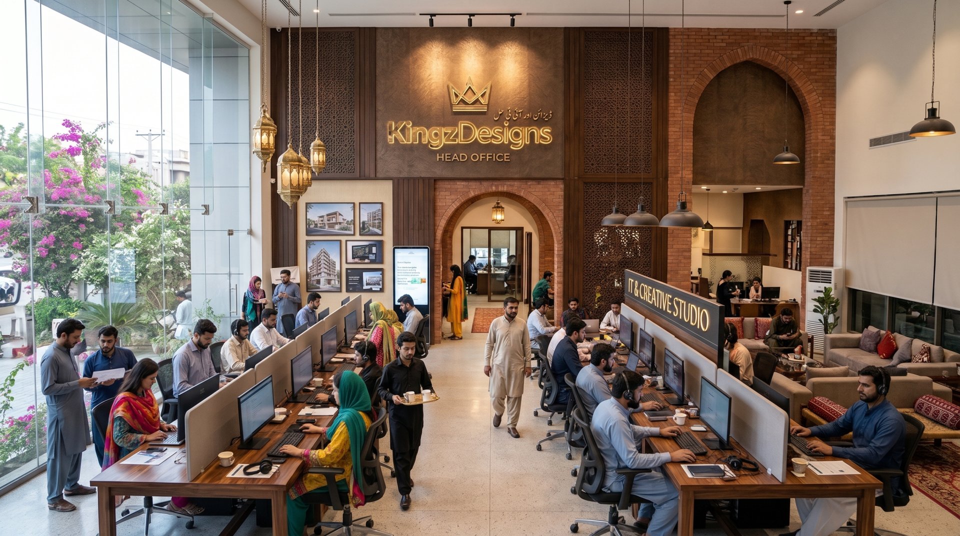 KingzDesigns Headquarters central operations floor and architectural studio panoramic overview