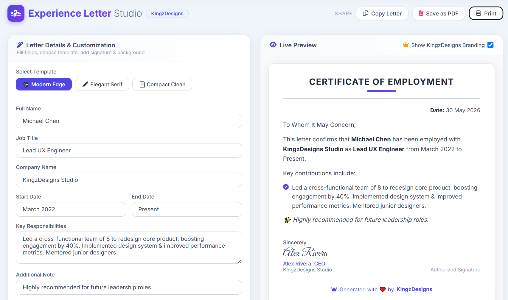 Free Online Experience Letter Generator Post